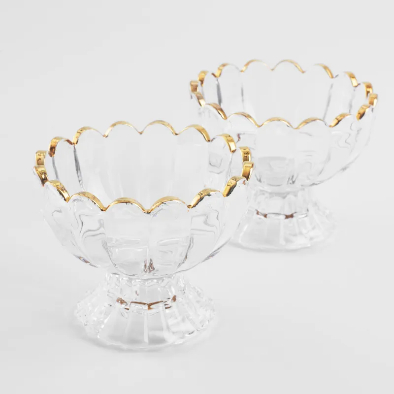 Cream bowl, 9x7 cm, 2 pcs, on a leg, glass R, with golden edging, Ribby gold, image-2
