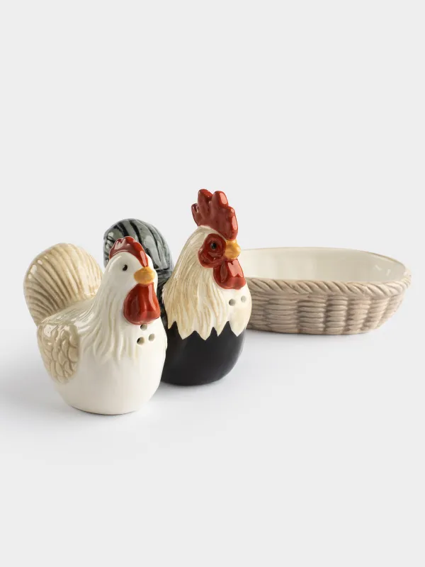 Salt and pepper set, 13 cm, on a stand, ceramic, Rooster and chicken in a basket, Rooster, image-3