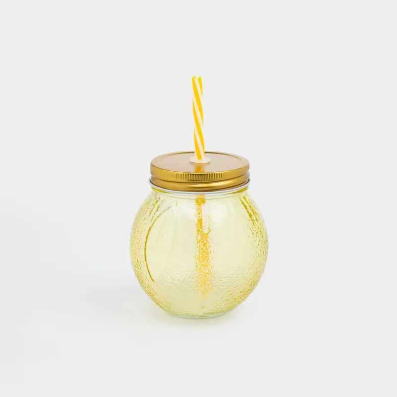 Beverage can, 450 ml, with lid and straw, glass / metal, yellow, Summer drink