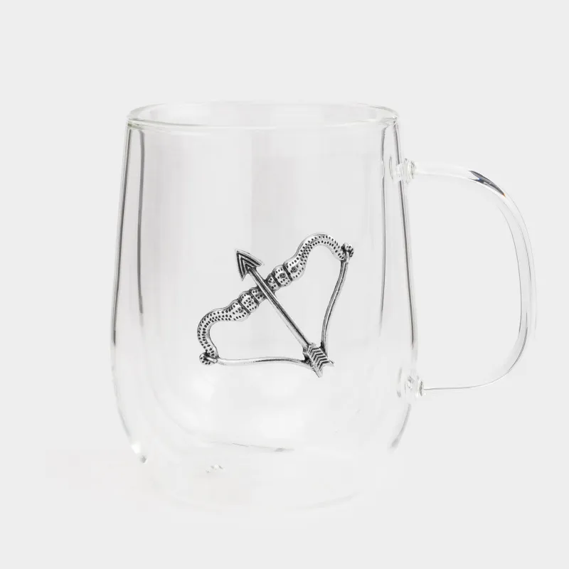 Mug, 350 ml, glass B / metal, silver, Sagittarius, Air zodiac