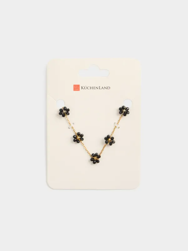 Anklet, 30 cm, metal / glass, black, Flowers, Jewelry flower, image-3