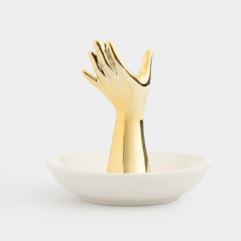 Jewelry holder, 10 cm, ceramic, white and gold, Hand, Hand, image-3