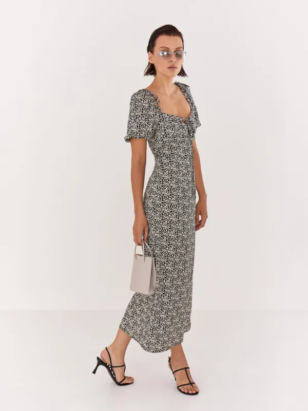 Women's dress, midi, size S, with short sleeves, with a slit, viscose, dark blue, Flowers, Drina, image-2