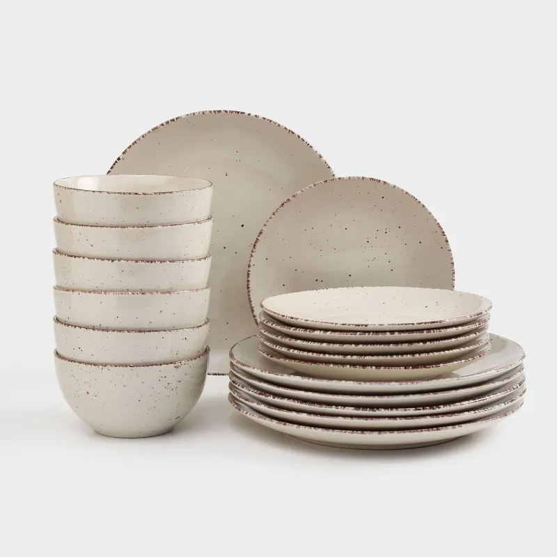 Dining set, 6 pers., 18 pr., ceramic, beige, speckled, Speckled