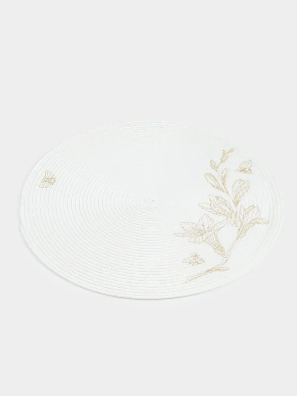 Placemat, 38 cm, polypropylene/PET, Round, Light grey, Flowers, Circle embroidery, image-1