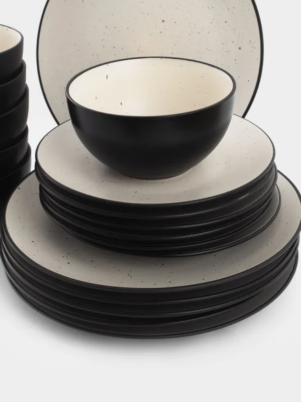 Dinner set, 6 persons, 18 ave, ceramics, black and white, speckled, Isernia, image-3