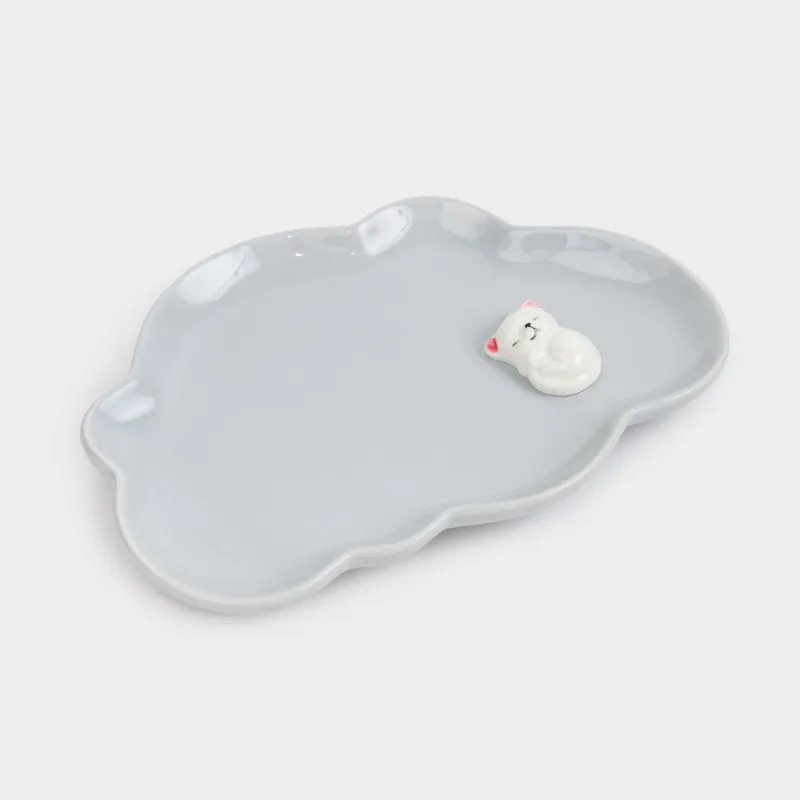 Children's snack plate, 23x16 cm, porcelain P, gray, curly, kitten, friend, image-2