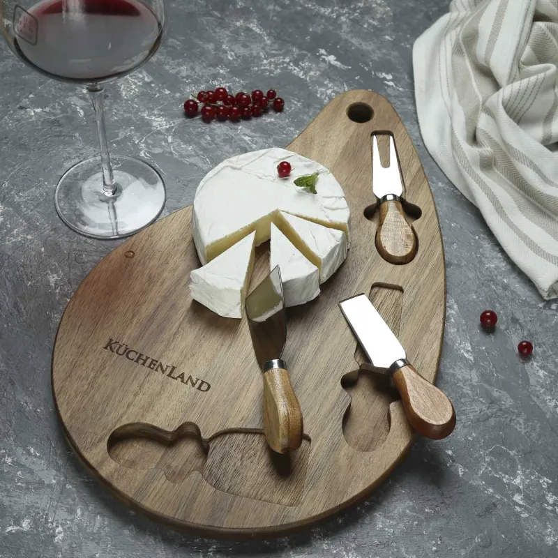 Cheese set, 4 pr, platter board, Steel / Wood, Dark, Drop, Cheese, image-1