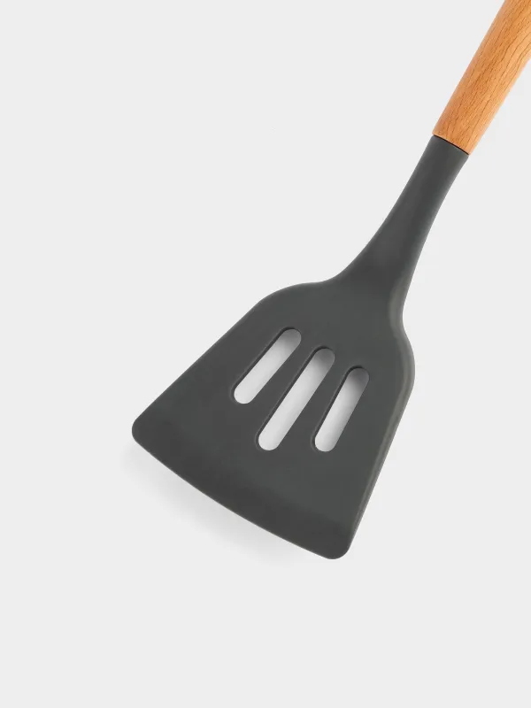 Spatula, 32 cm, slotted, silicone / wood, gray, Weekend, image-3