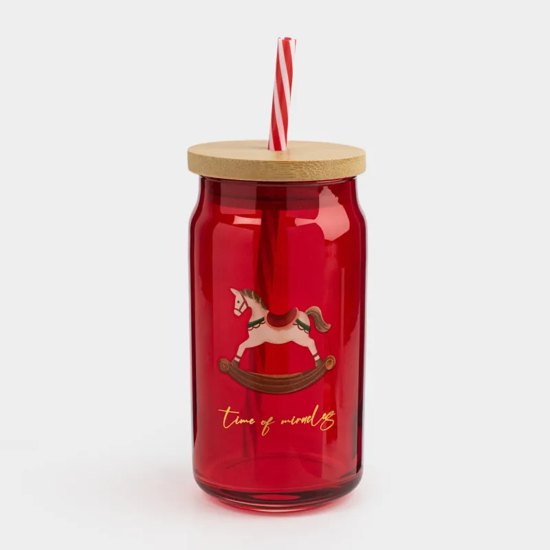 Beverage can, 450 ml, with a lid and a straw, glass, red, Horse, Crystal drink