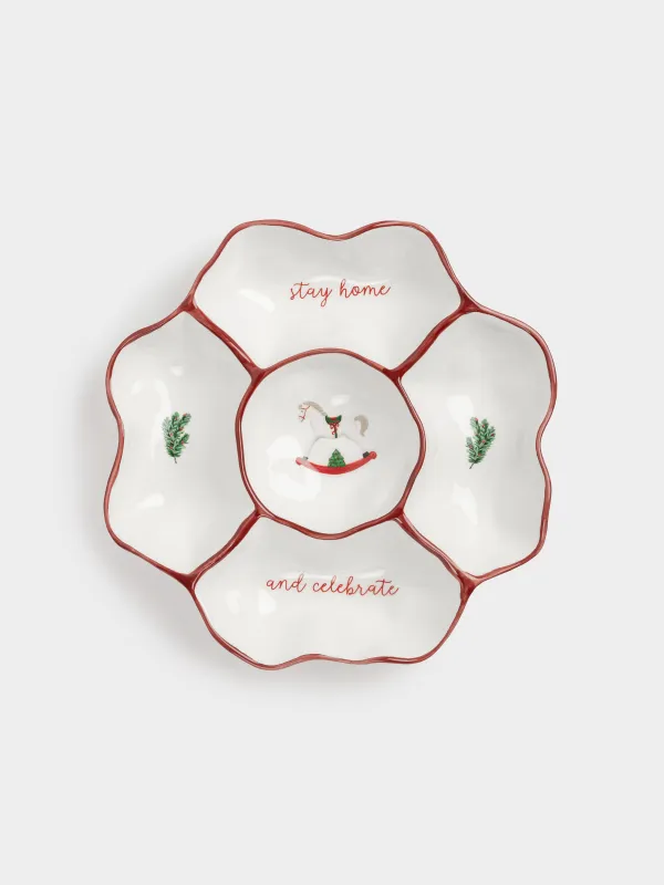 Divided plate, 25 cm, 5 compartments, ceramics, Horse and fir branches, Christmas tree, image-0