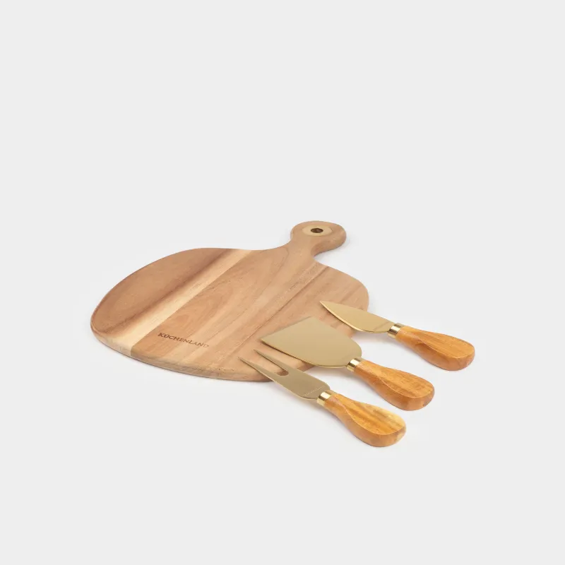 Cheese set, 4 pcs, dish board with handle, steel / wood, golden, Cheese gold