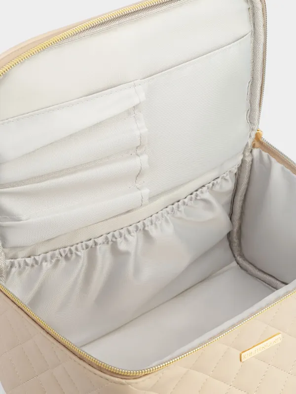 Cosmetic bag, 23x13 cm, quilted, with handle, polyurethane, beige, Quilted, image-4