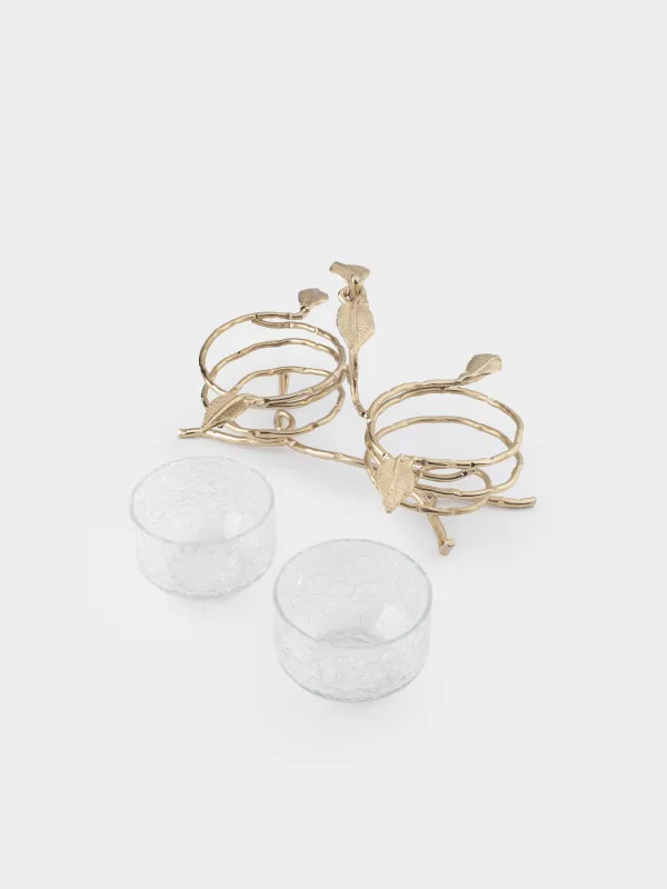 Snack stand, 26x16 cm, 2 pr, on stand, with handle, glass / metal, Branches, Fantastic gold, image-3
