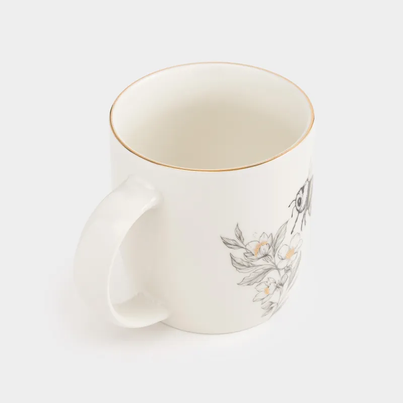 Mug, 380 ml, porcelain N, white, with golden edging, Bumblebee with flower, Bugs, image-1