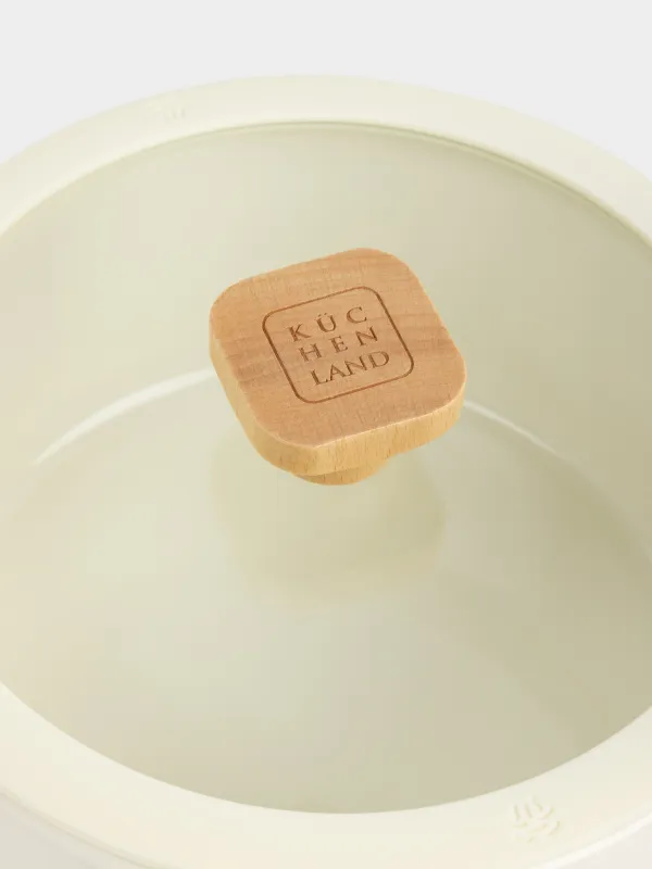 Pot, 20 cm, 2,9 l, with lid, enameled metal / wood, milky, Enamel wood, image-3