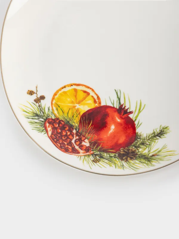 Snack plate, 21 cm, porcelain N, white, with golden edging, Pomegranates and orange, Christmas miracle, image-3