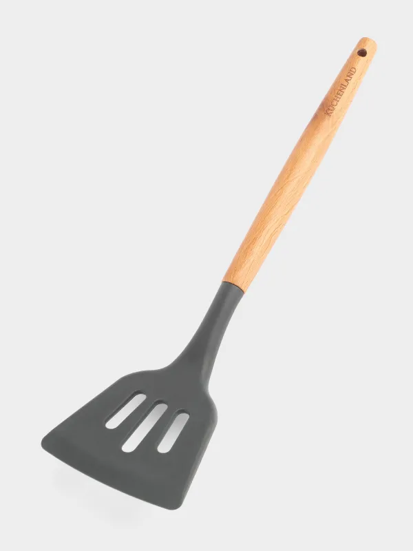 Spatula, 32 cm, slotted, silicone / wood, gray, Weekend, image-1