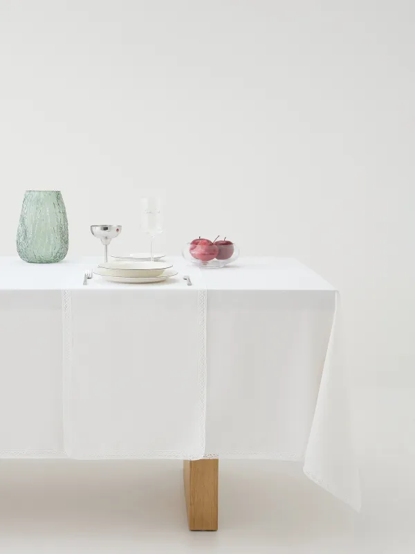 Table runner, 40x160 cm, with PU coating, polyester/viscose/linen, white, Lace, Comely lace, image-7