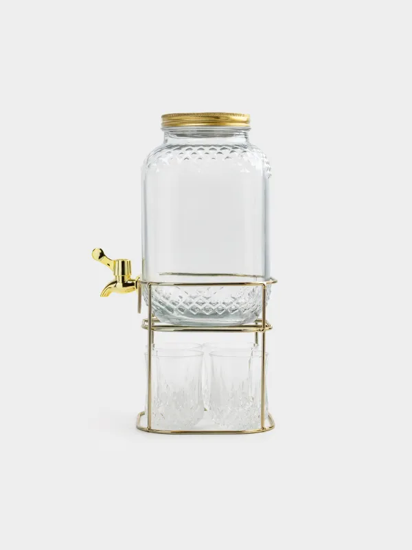 Set for drinks, 4 pers, 5 pr, dispenser on stand, gold, glass / metal, Regale, image-5
