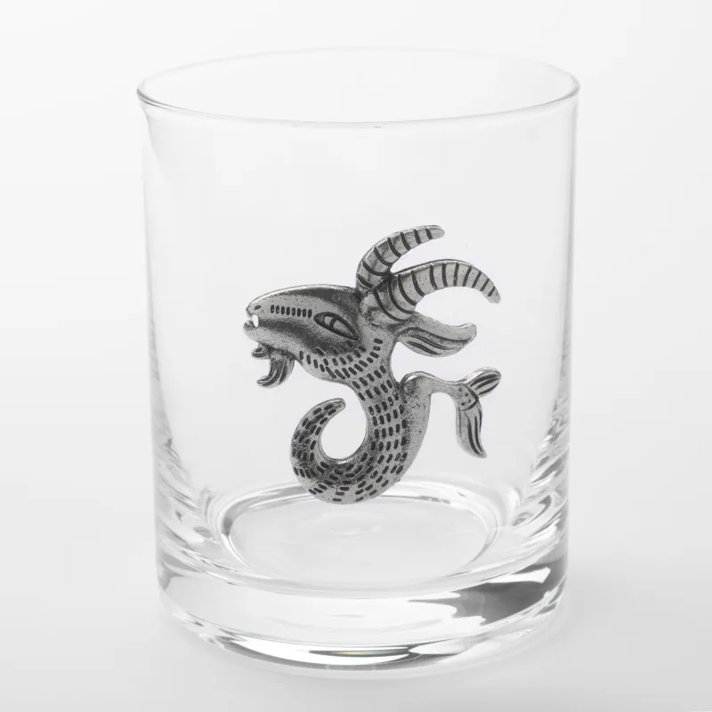 Whiskey glass, 10 cm, 340 ml, glass / metal, silver, Capricorn, Zodiac, image-0