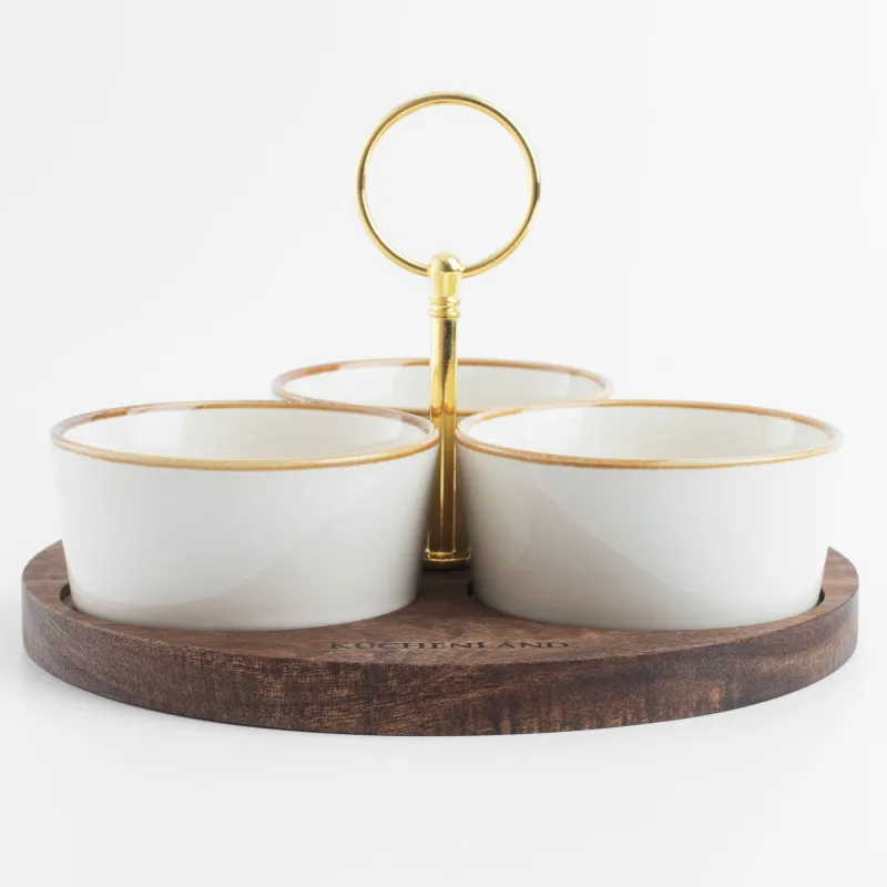 Snack set, 3 items, on a stand, with handle, ceramic / wood, milky, Noble tree , image-1