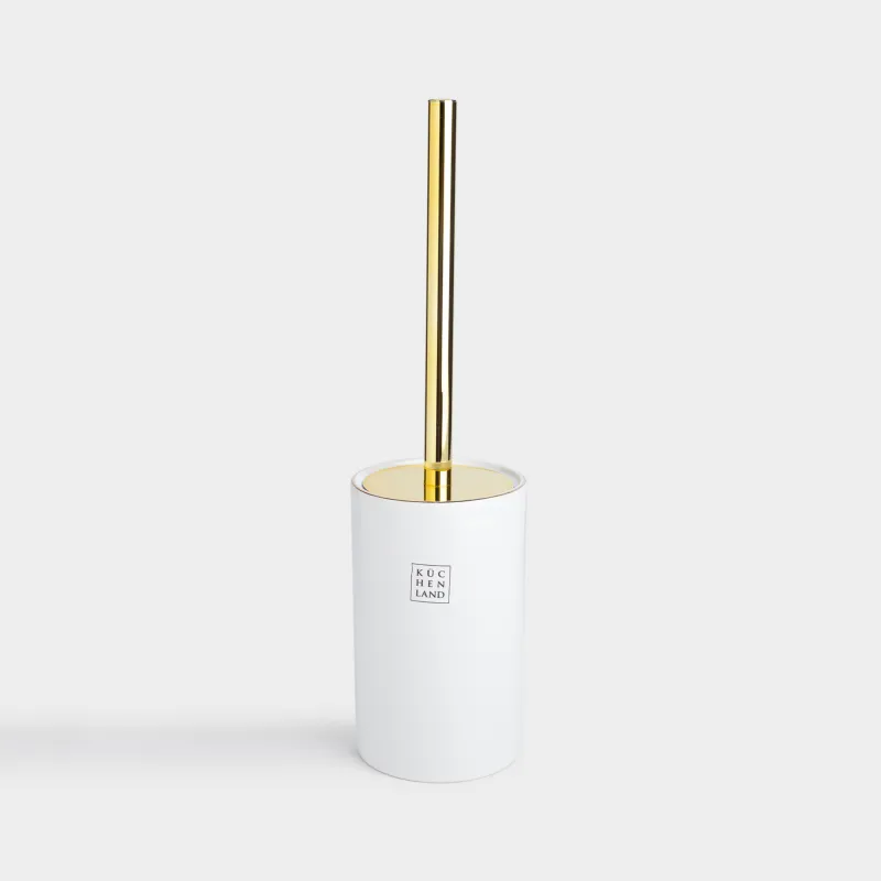 Toilet brush, 35 cm, with stand, stoneware / stainless steel, white and gold, Freya