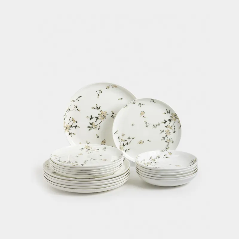 Dining set, 6 persons, 18 items, porcelain F, white, Flowers, Florin