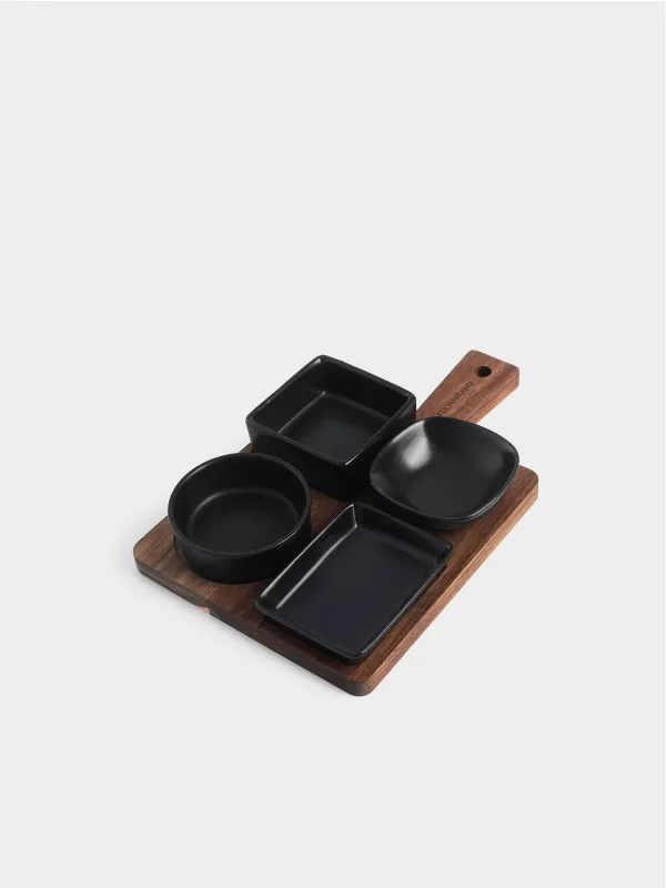 Snack set, 4 items, on a stand, ceramic / wood, black, Shape geometry, Black style , image-2