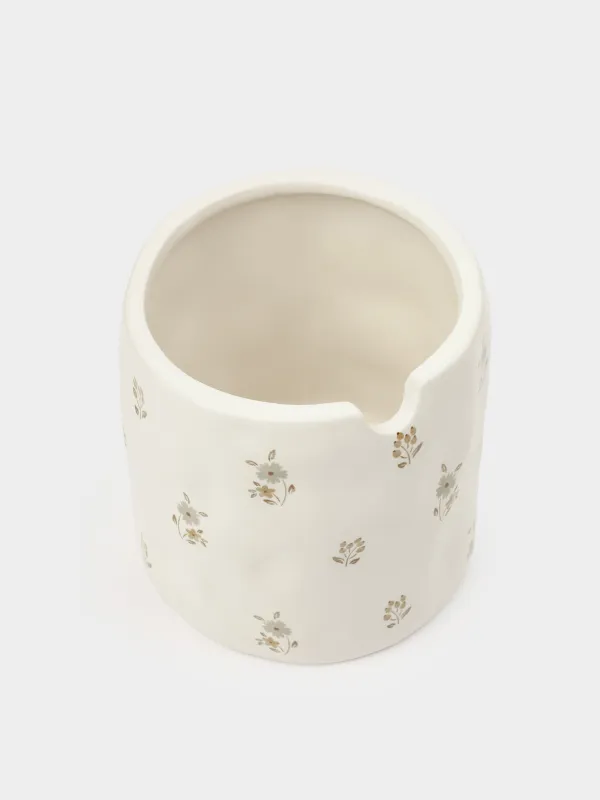 Sugar bowl, 11 cm, 370 ml, with spoon, ceramic / wood, milk, Vintage flowers, La flore, image-2