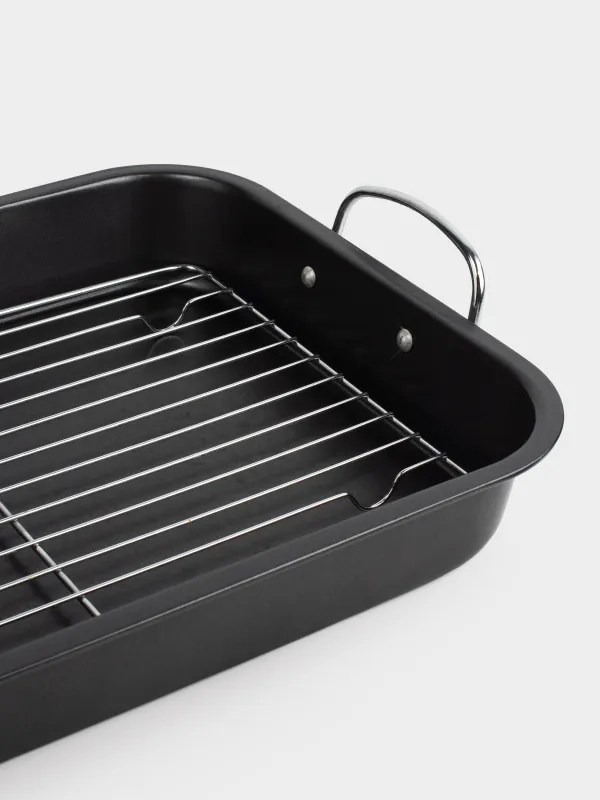 Baking tray, 37x29 cm, with handles and grill, coated, steel, black, BBQ, image-3