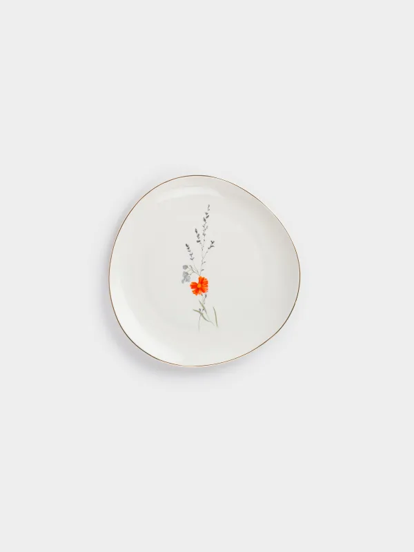 Snack plate, 21 cm, porcelain N, white, with golden edging, wildflowers, Yarrow, image-0
