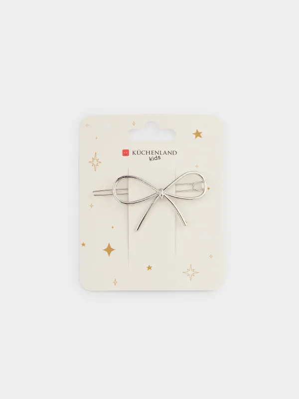 Hair clip, 7 cm, for children, metal, silver, Bow, Hair silver, image-3
