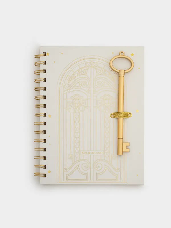 Notebook, with pen, 15x20 cm, 80 l, on rings, polyurethane, ecru, Stationery gold, image-0