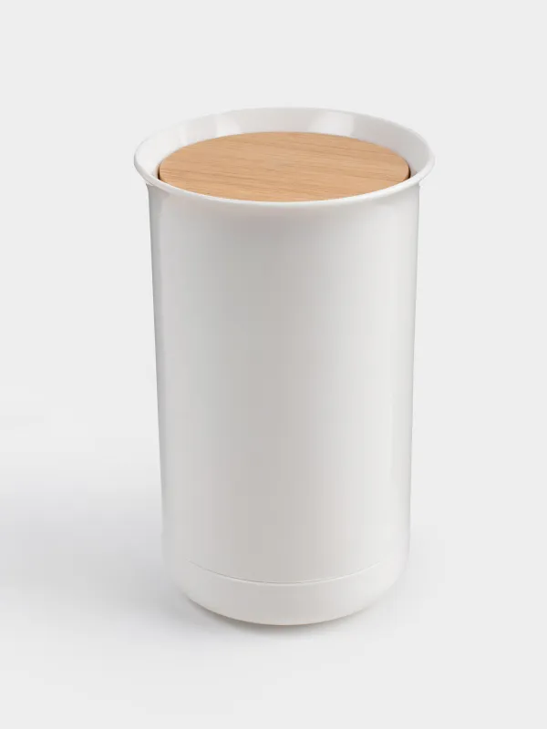 Cotton swab container, 12 cm, plastic / rubber wood, White, White style, image-1