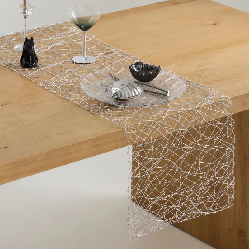 Table runner, 40x160 cm, cellulose / PET, silver, Cobweb, Azhur Grid