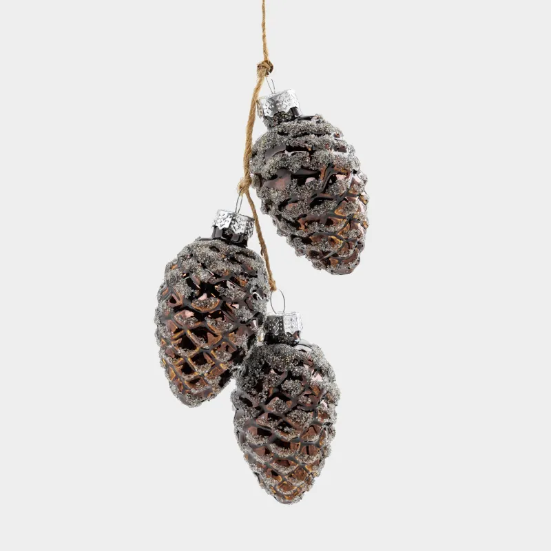 Christmas tree toy, 15 cm, glass, with glitter, bronze, Cones, Pine christmas