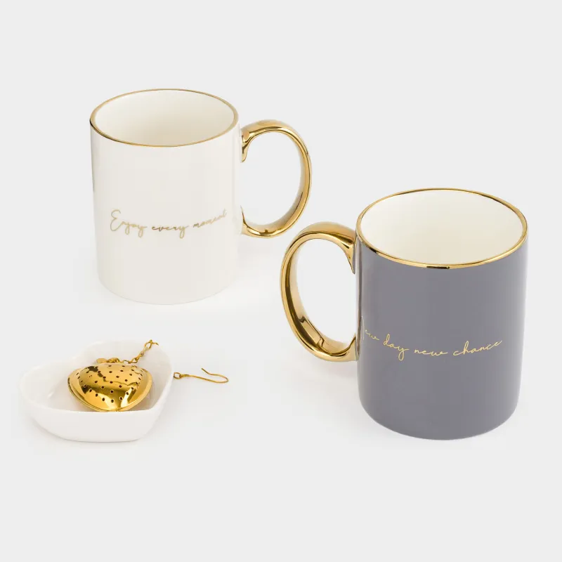 Mug, 350 ml, 2 pcs, with a sieve on a stand, porcelain N / steel, gray / white, Scroll