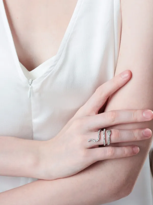 Ring, Size S-M, single size, Metal / rhinestones, Silver, Snake, Jewelry crystal, image-2