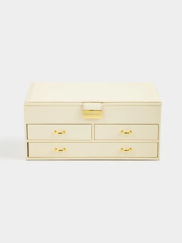 Jewelry box, 26x15 cm, with mirror, wood/PU leather, ecru, Premiere, image-1