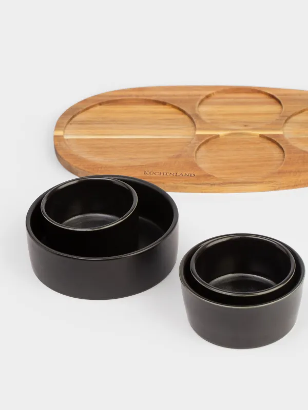 Snack set, 4 pcs, on a stand, ceramic / wood, black, Round bowls, Loft, image-3