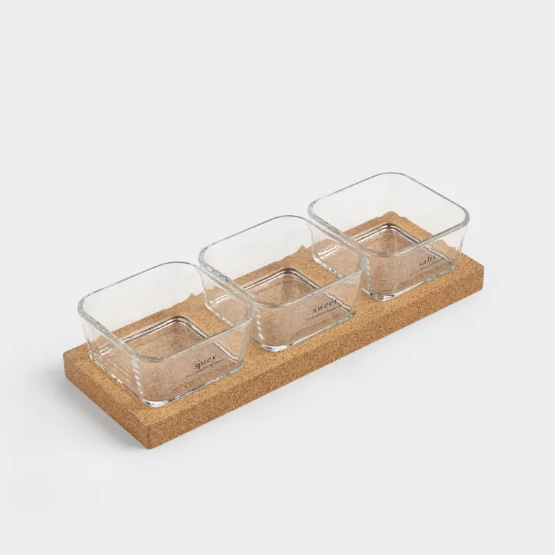 Snack set, 3 items, on a stand, Glass / cork, Clear cork