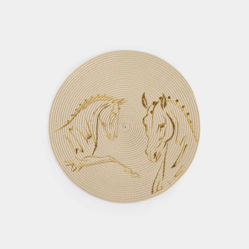 Placemat, 38 cm, polyester, round, milky, Horses, Circle embroidery