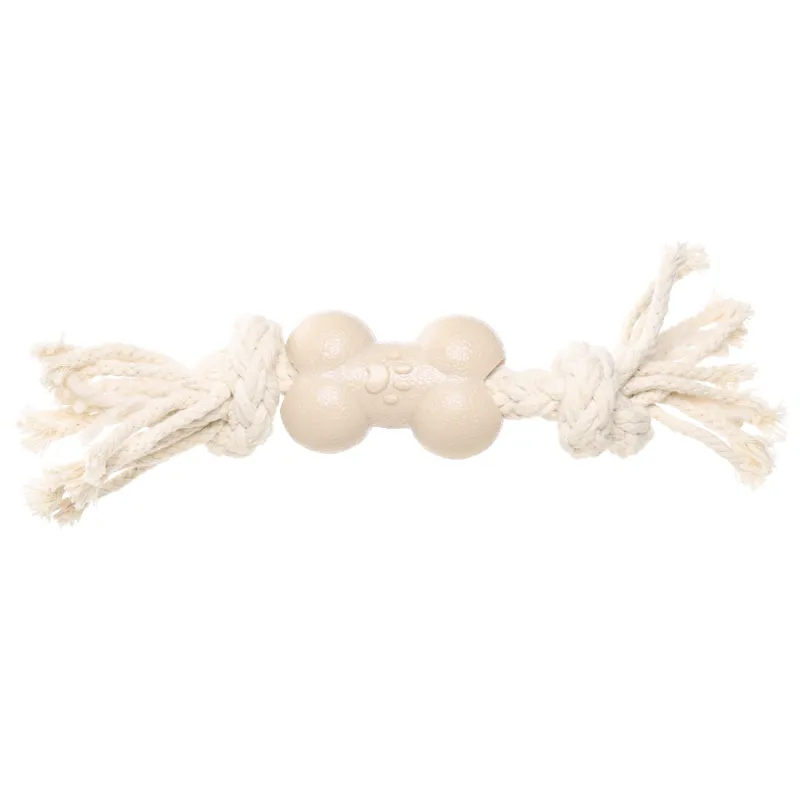 Dog toy, 21 cm, rubber / cotton, Beige, Bone on rope, Playful pet, image-0