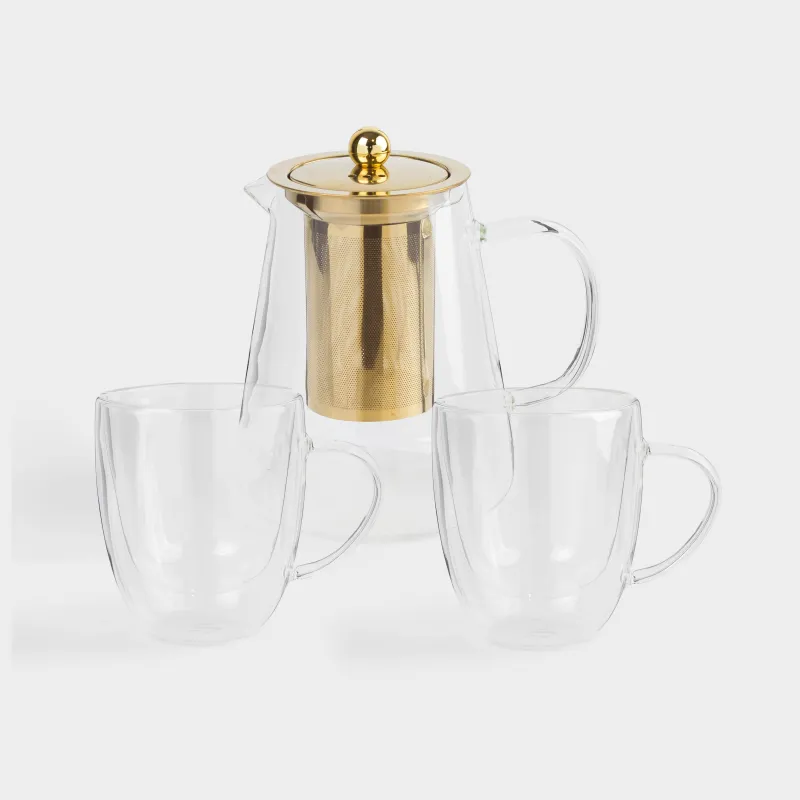 Tea set, 2 persons, 3 items, B glass / steel, golden, Air