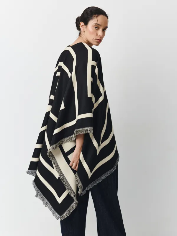 Poncho, 130x160 cm, with fringe, double-sided, viscose / polyester, milky black, poncho, image-3
