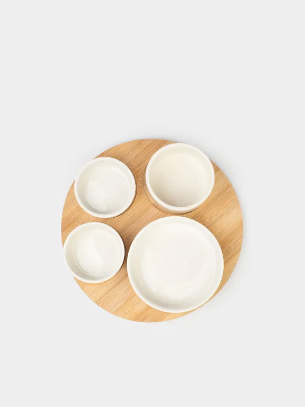Snack set, 4 pcs, on a stand, ceramic / bamboo, white, round bowls, Bamboo, image-5