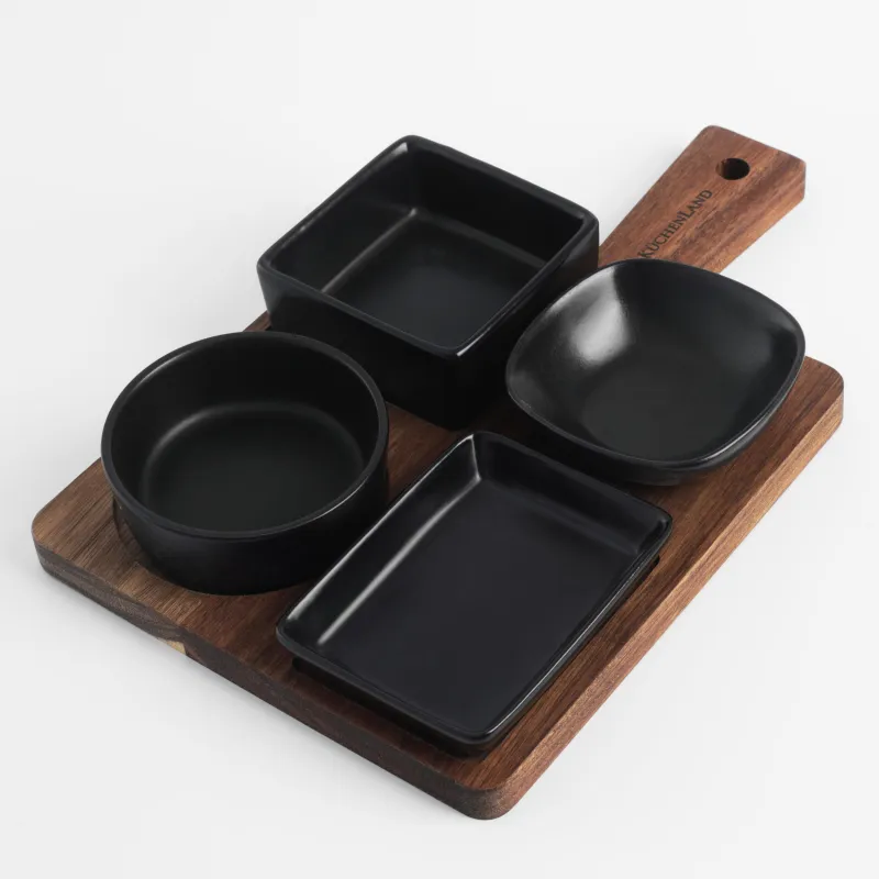 Snack set, 4 items, on a stand, ceramic / wood, black, Shape geometry, Black style