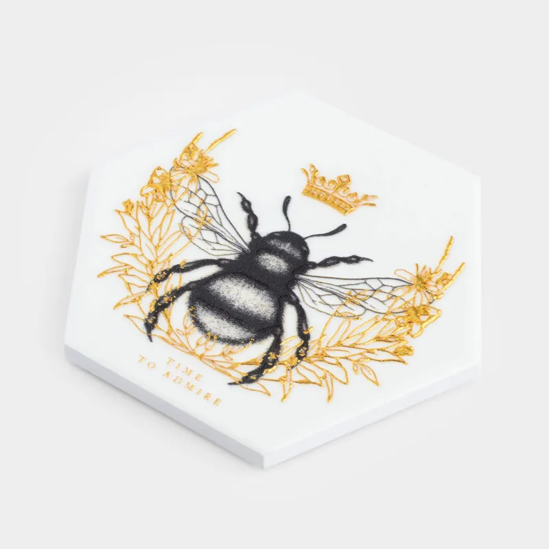 Coaster, 11 cm, ceramic / cork, hexagonal, white, Royal bee, Honey, image-1