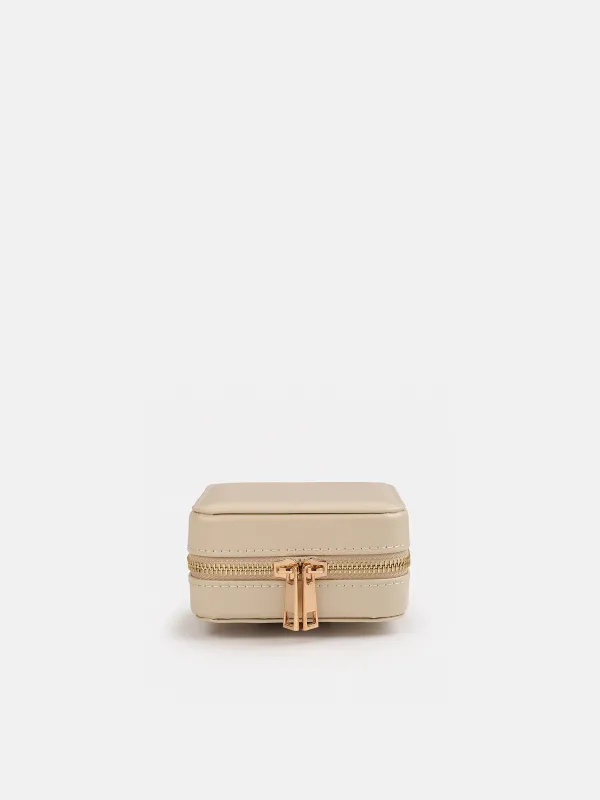 Jewelry box, 12x12 cm, with mirror, PU leather / MDF, beige, Premiere small, image-1